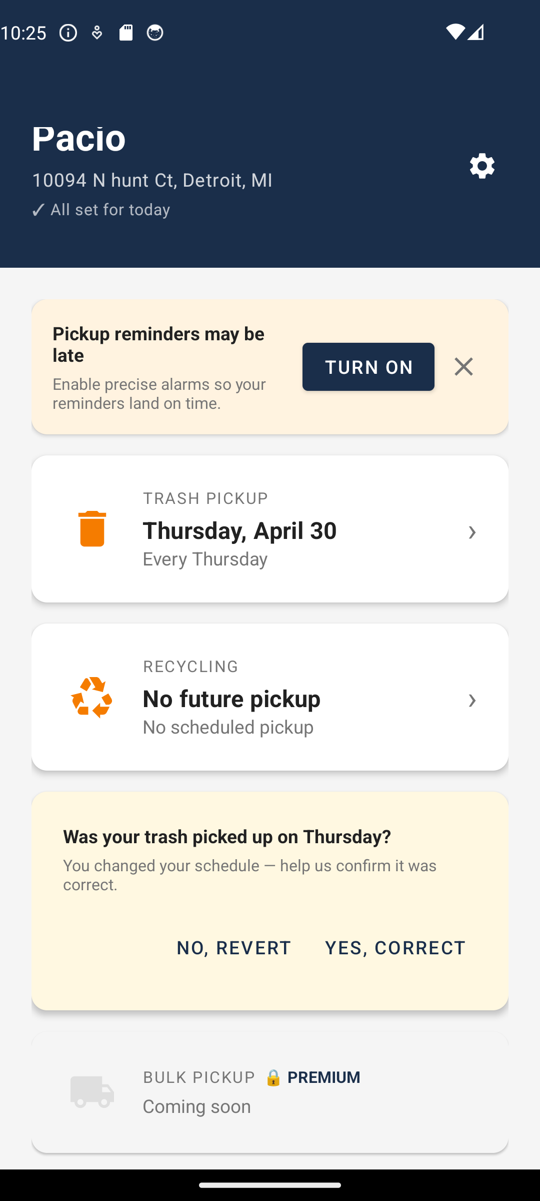 Pacio home screen showing pickup schedule and safety tasks
